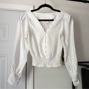 PERRIN & CO. White linen button up puff long sleeve cropped smocked hem blouse